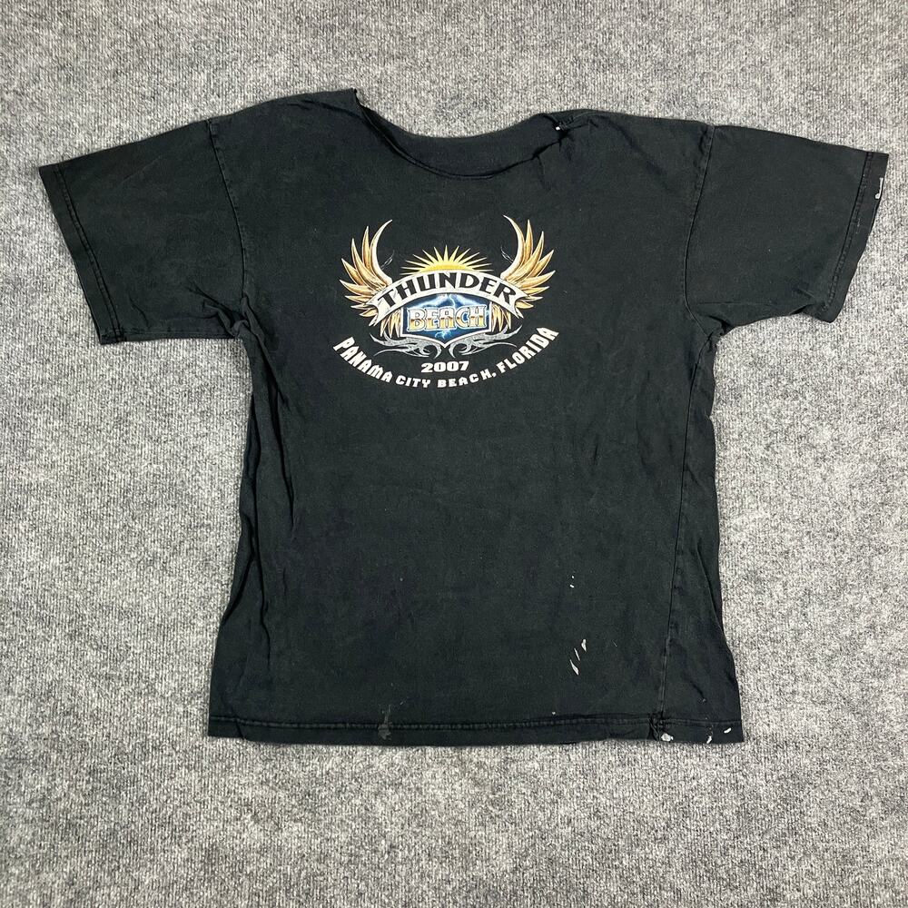 Thunder Beach T-Shirt Mens Size L Black 2007 Biker Graphic Distressed Cut Neck